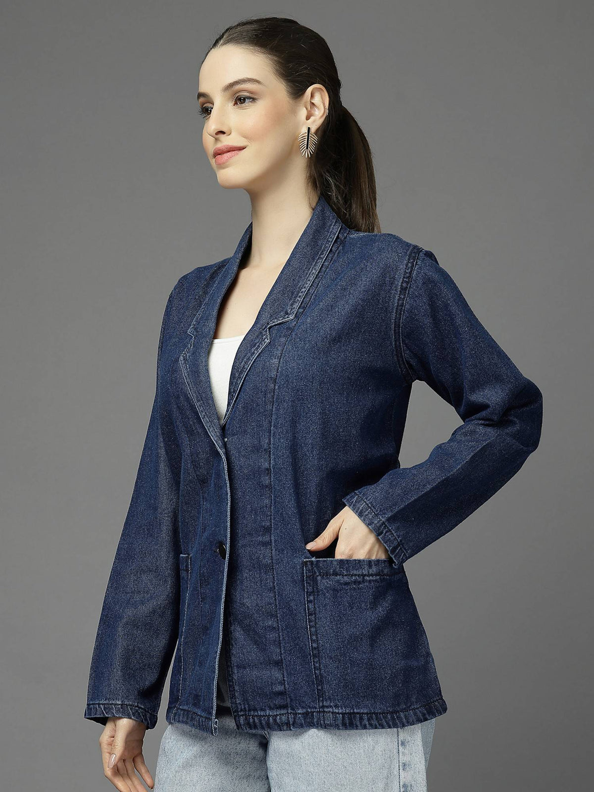 Women Navy Blue Notched Lapel Collar Regular Fit Jacket | JC78 - view 4