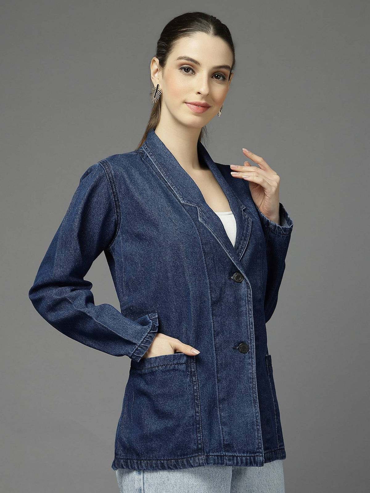 Women Navy Blue Notched Lapel Collar Regular Fit Jacket | JC78 - view 6