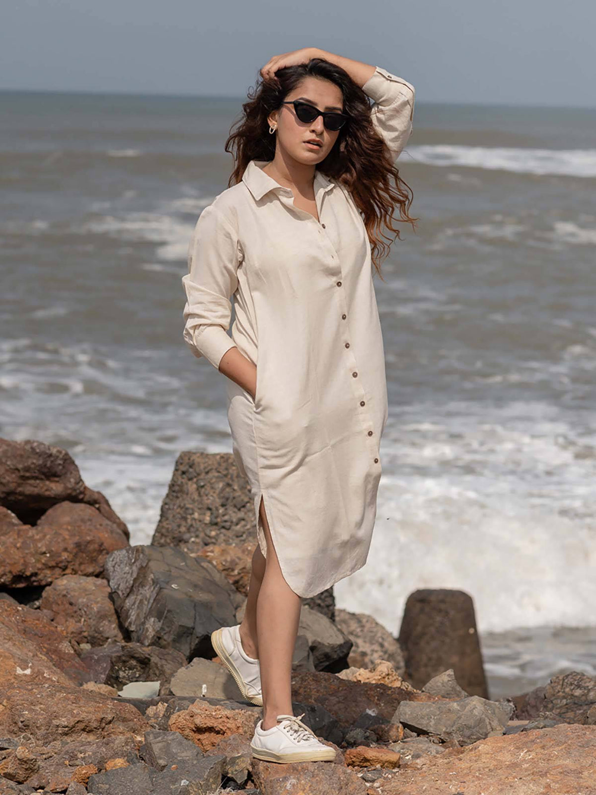 Women Cream Solid Midi Dress | D56 - view 1