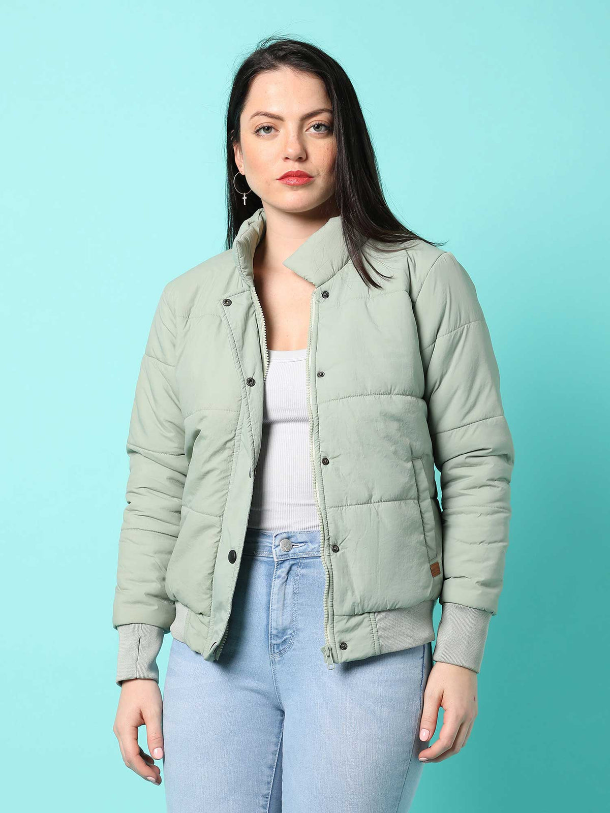 Womens Sage Green Solid Puffer Jacket | JC78 - view 1