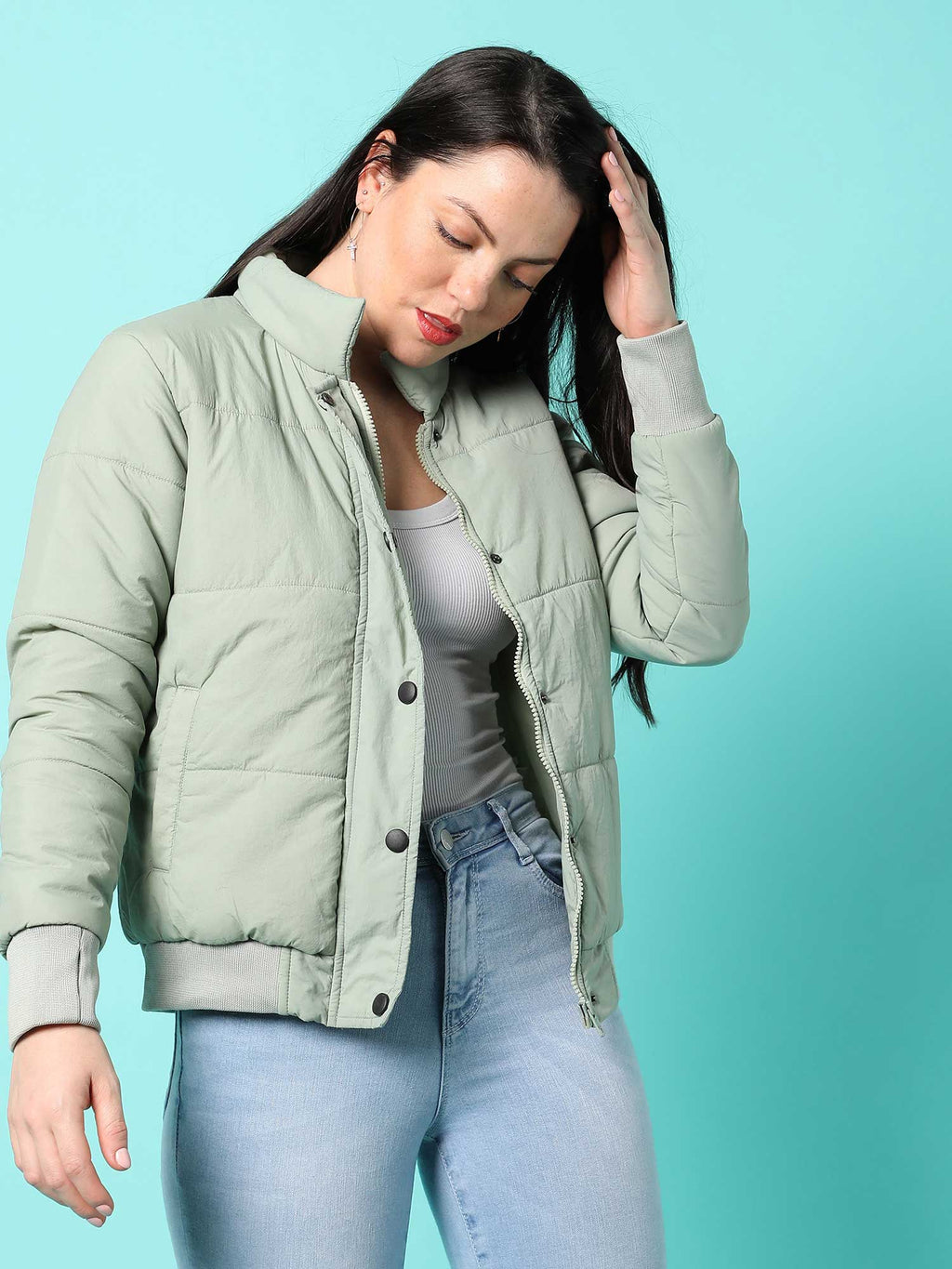 Womens Sage Green Solid Puffer Jacket | JC78 - view 2