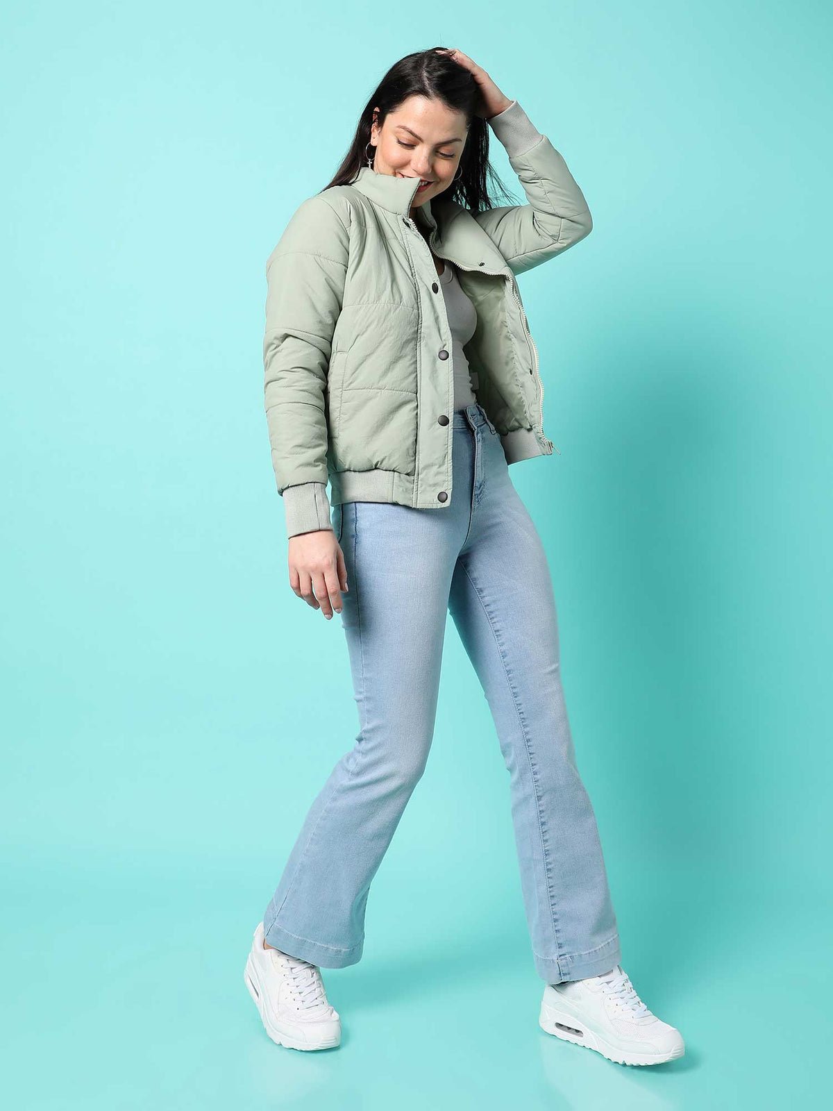 Womens Sage Green Solid Puffer Jacket | JC78 - view 4