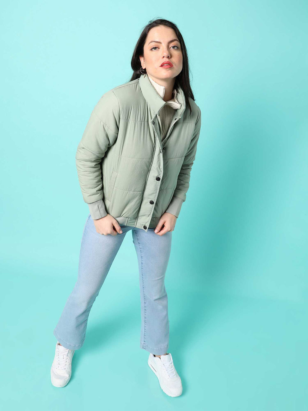 Womens Sage Green Solid Puffer Jacket | JC78 - view 5