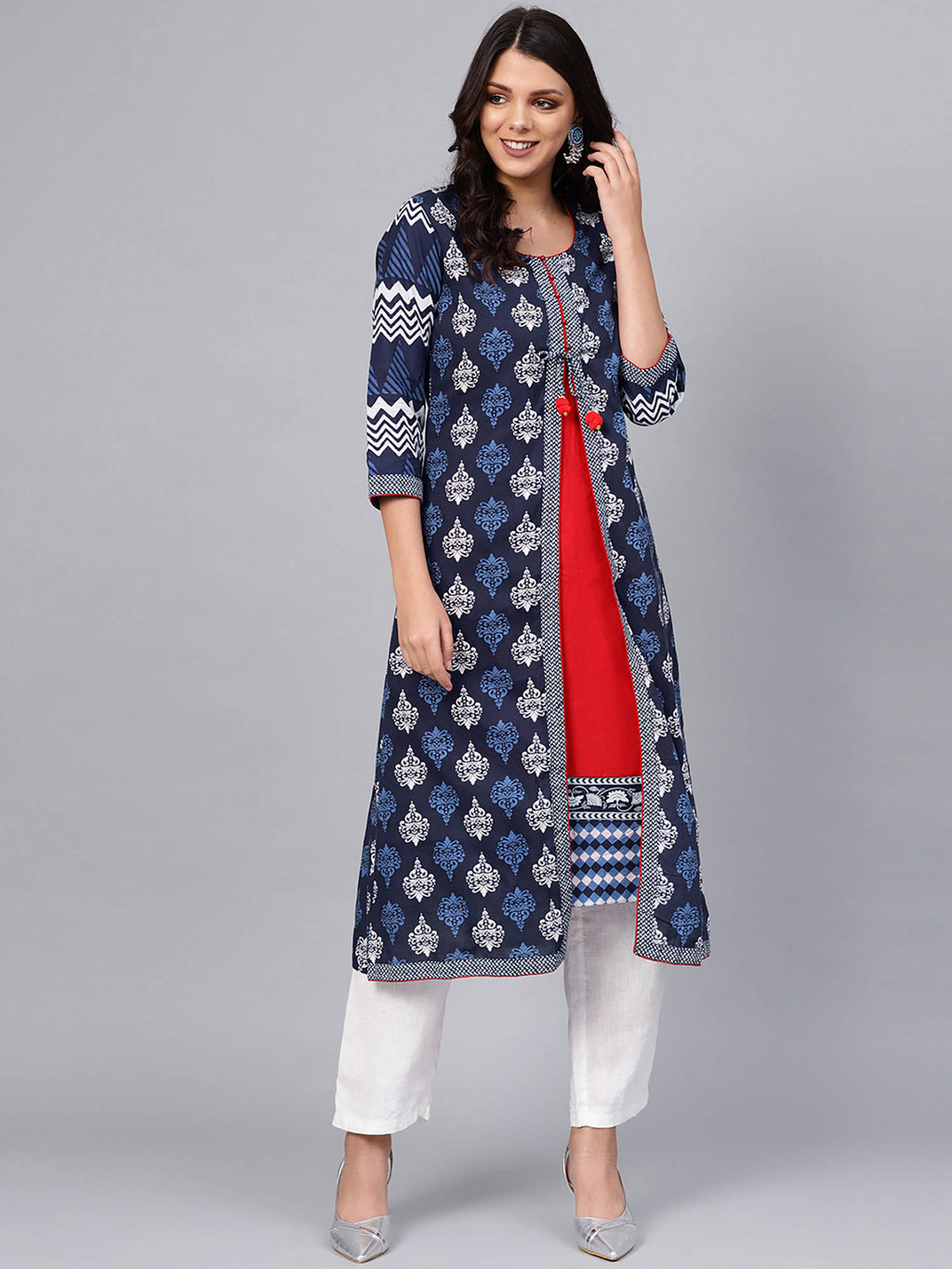 Navy Blue Cotton & Rayon A-Line Kurta | U3S - view 1