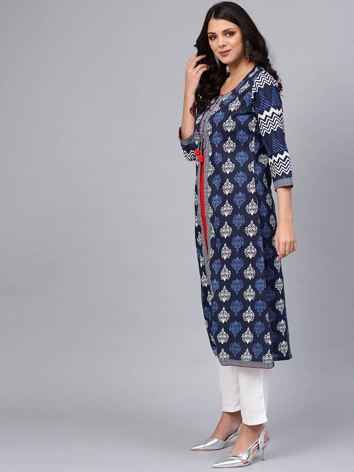 Navy Blue Cotton & Rayon A-Line Kurta | U3S - view 3