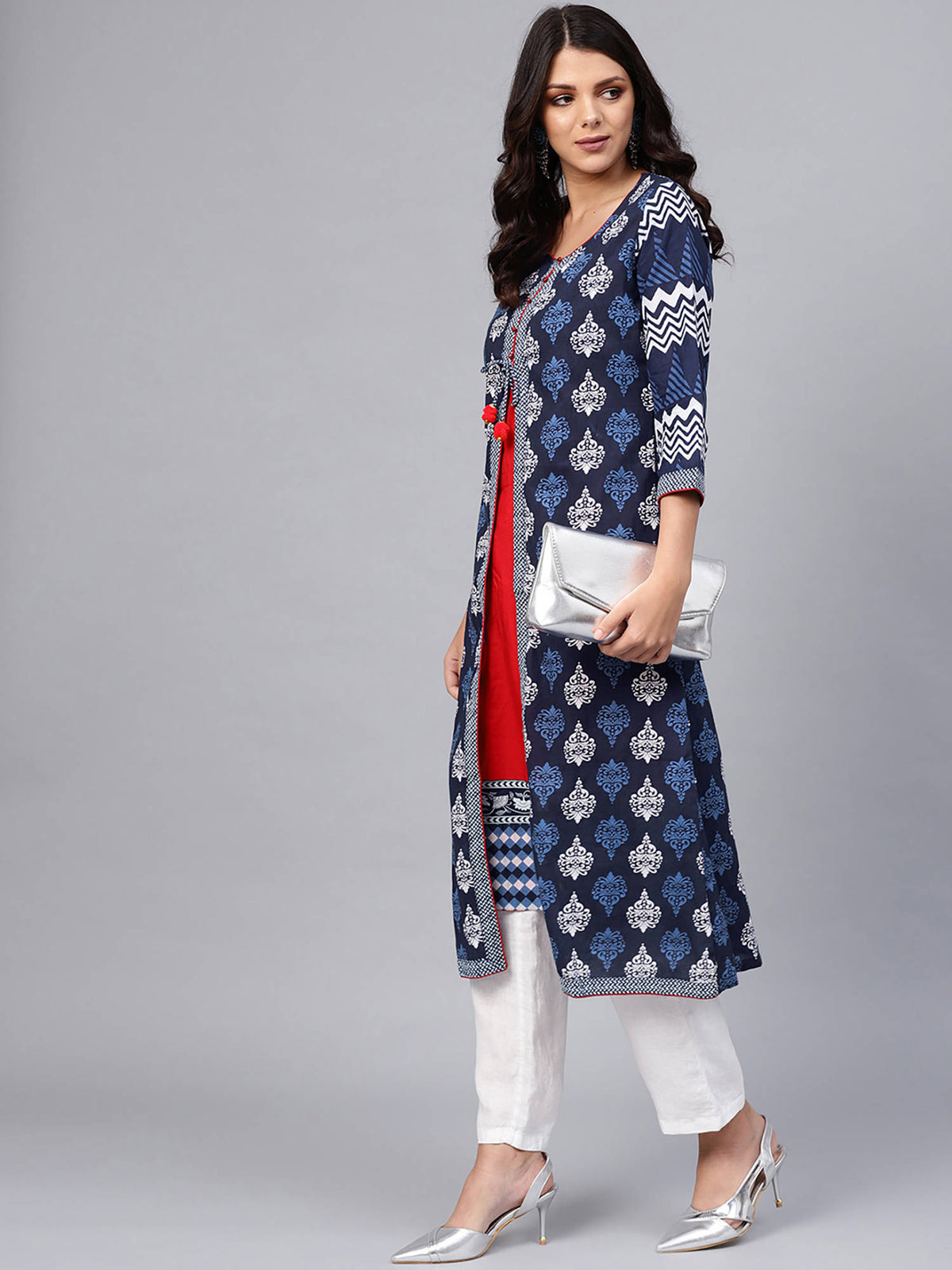 Navy Blue Cotton & Rayon A-Line Kurta | U3S - view 4