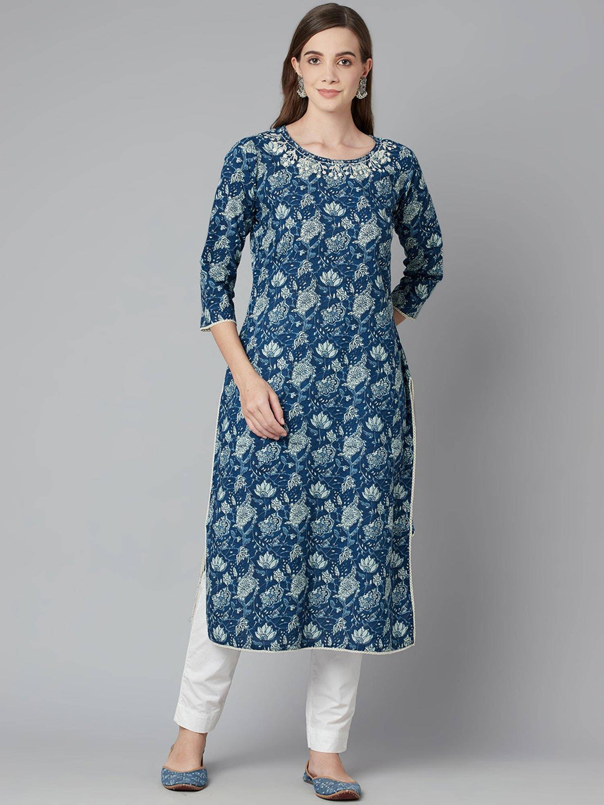 Blue Floral Straight Kurta | KDG - view 1