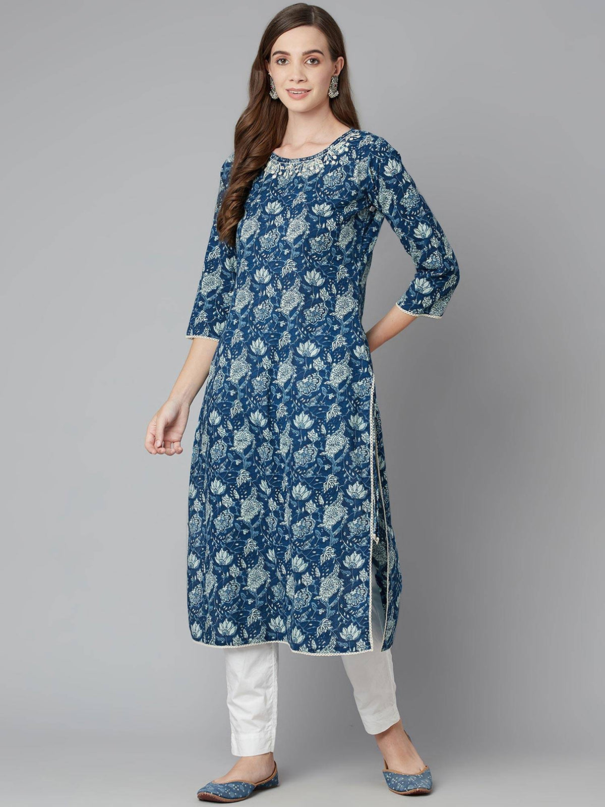 Blue Floral Straight Kurta | FY93 - view 3