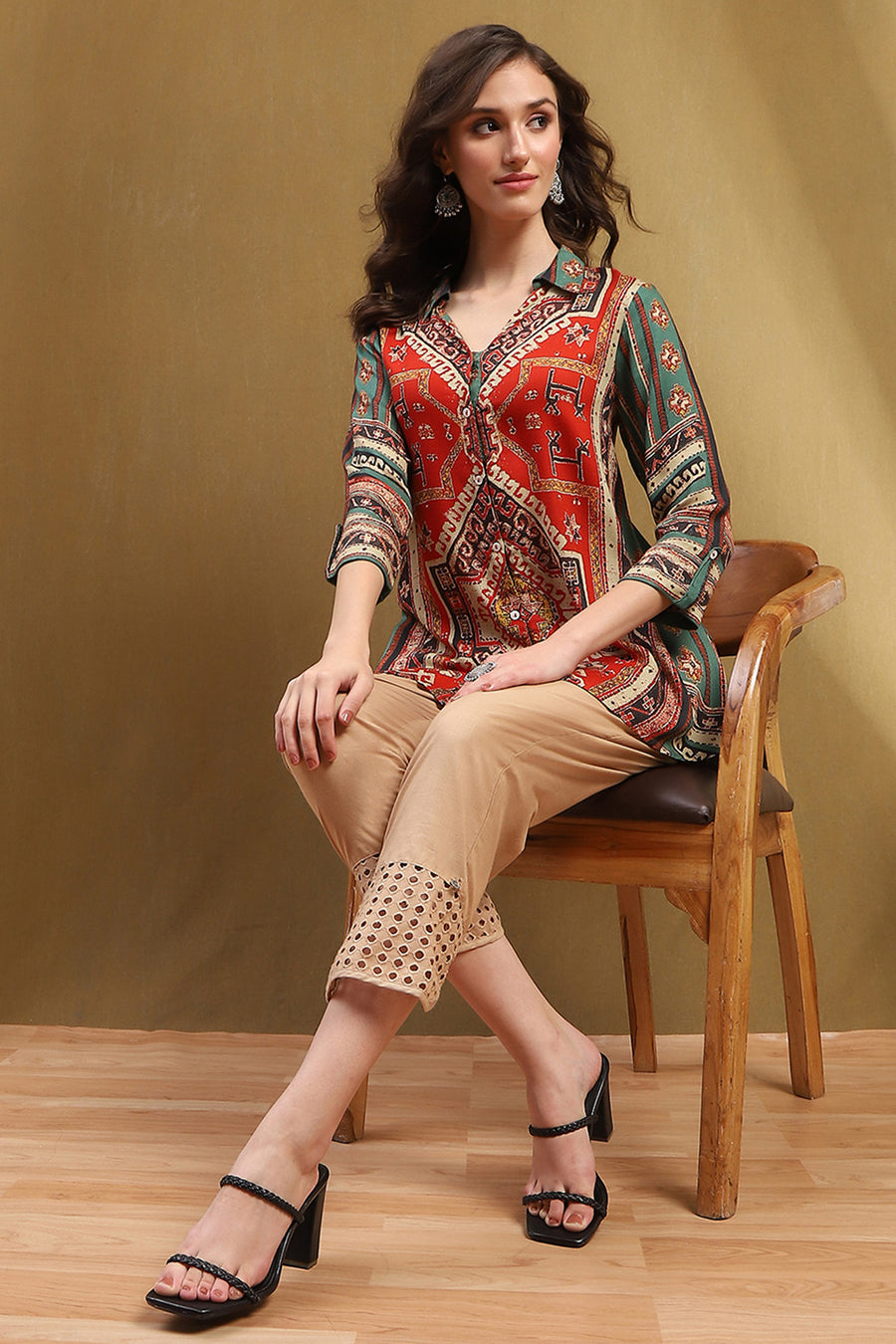 Rust and Green Block Printed Shirt Style Short Kurta K60