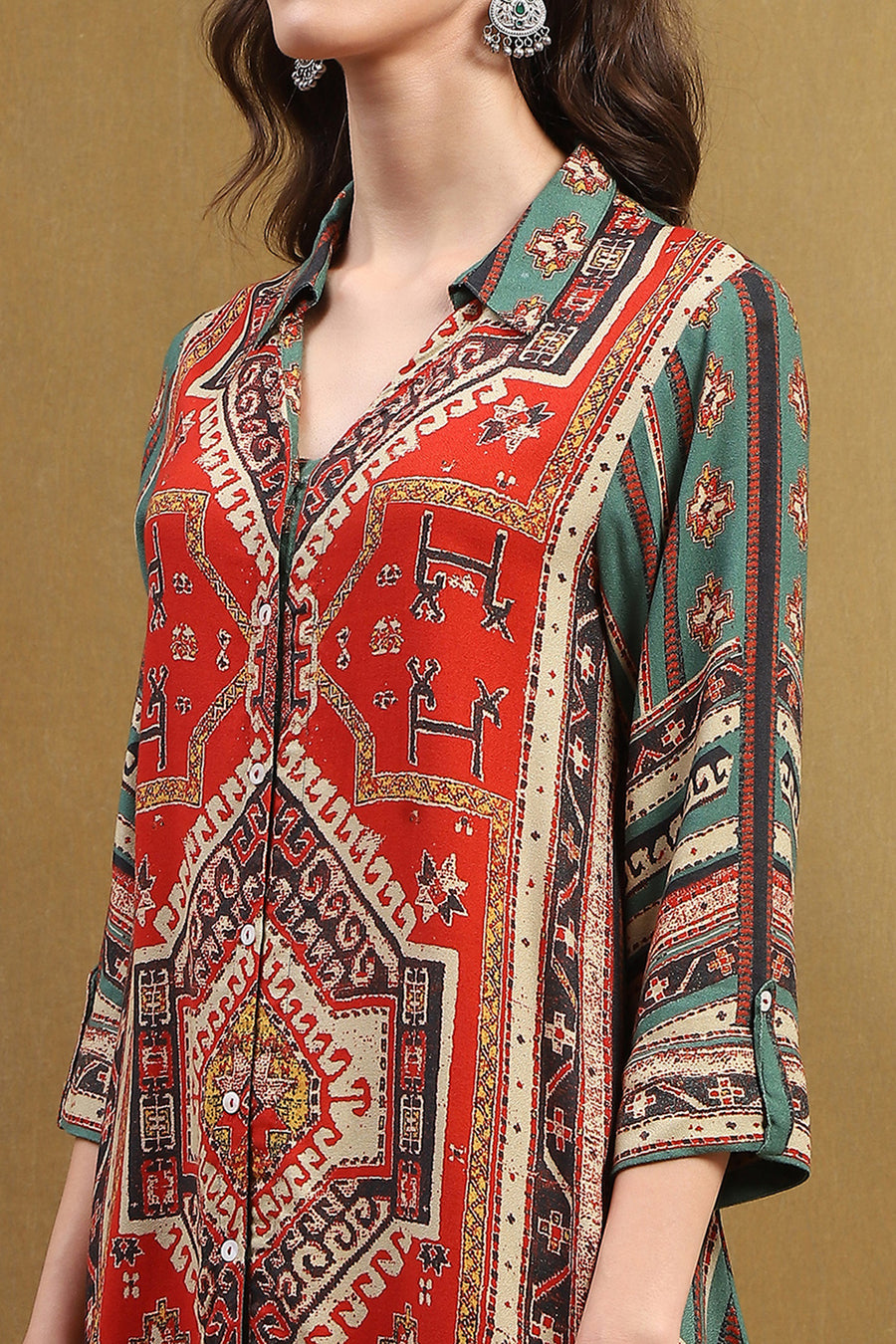 Rust and Green Block Printed Shirt Style Short Kurta K60