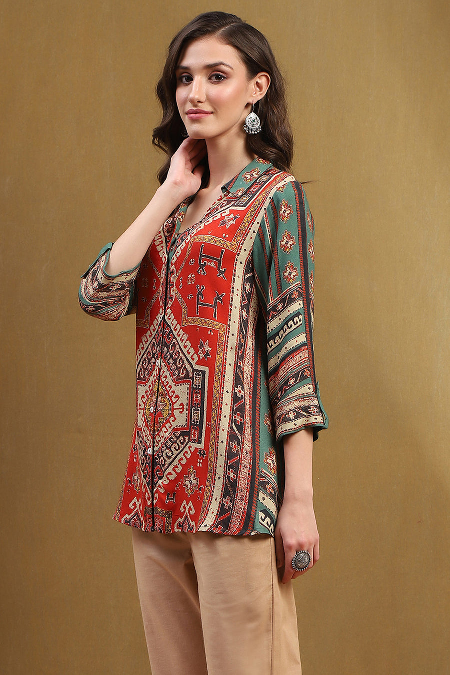 Rust and Green Block Printed Shirt Style Short Kurta K60