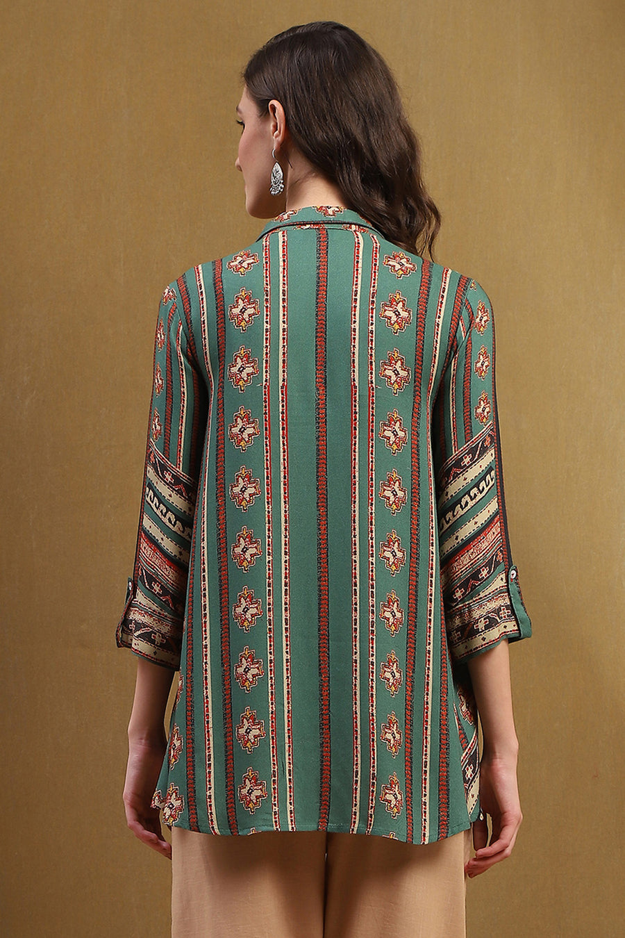 Rust and Green Block Printed Shirt Style Short Kurta K60