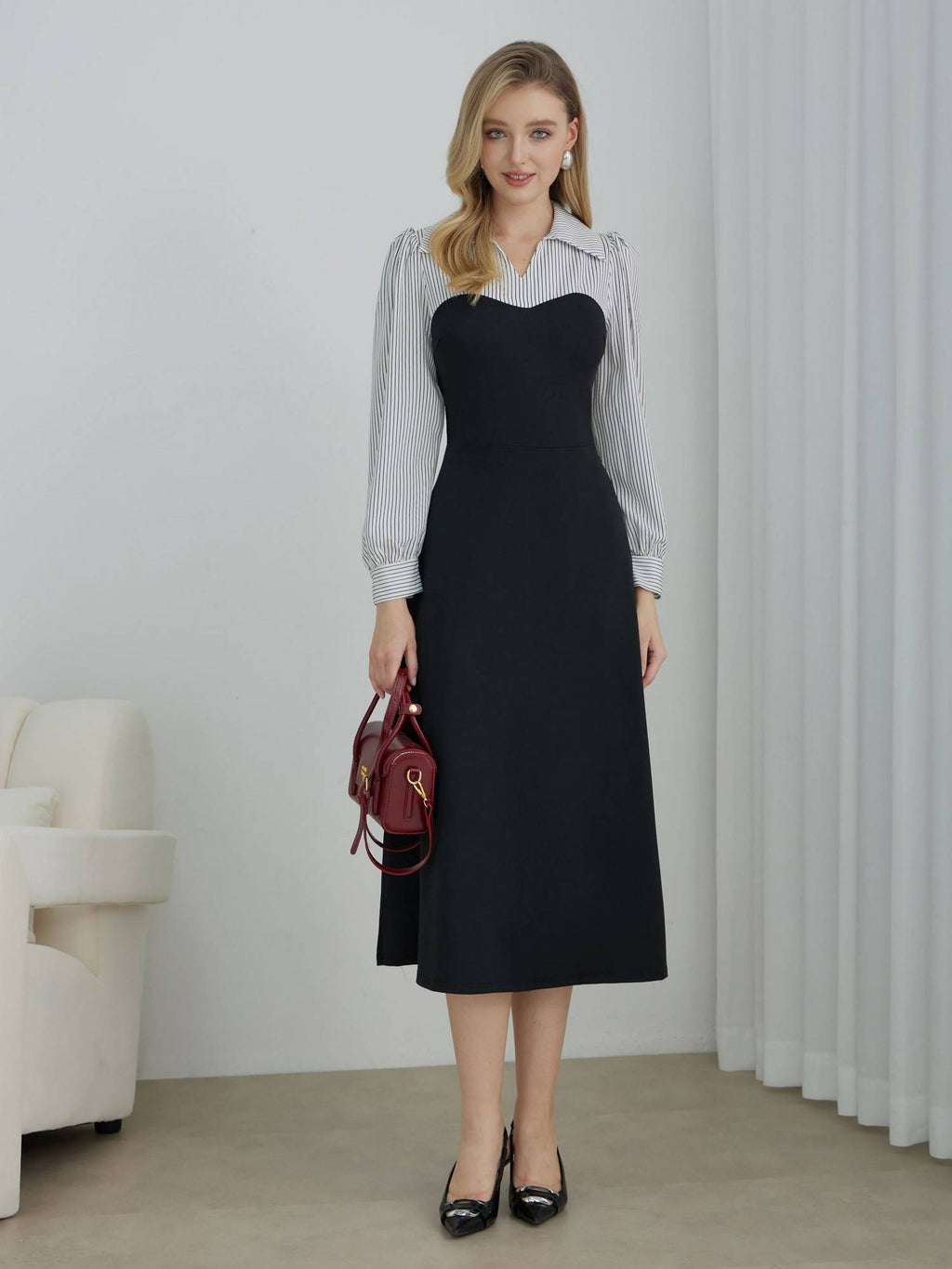 Black Puff Sleeve Collared Midi Dress | D56 - view 1