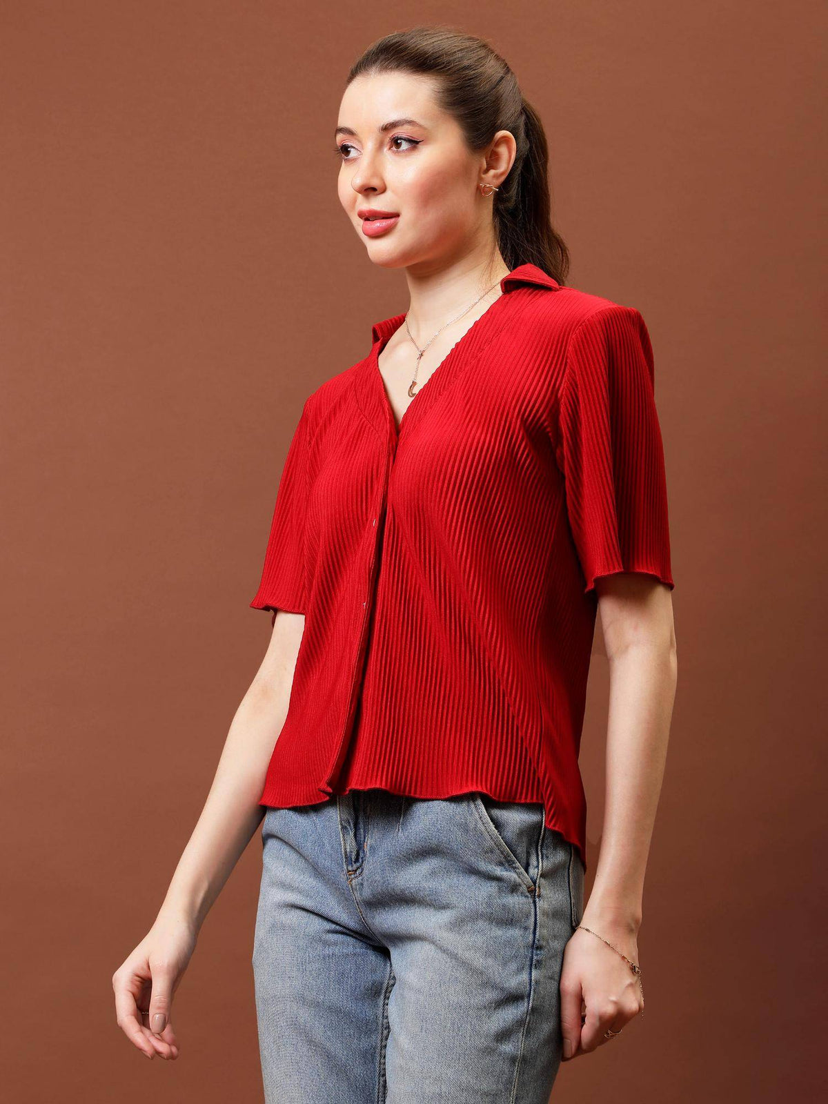 Women Red Pleated Shirt | S67 - view 2