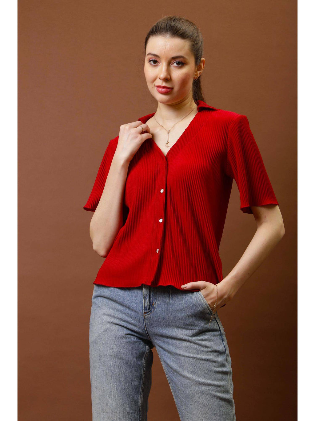 Women Red Pleated Shirt | S67 - view 4