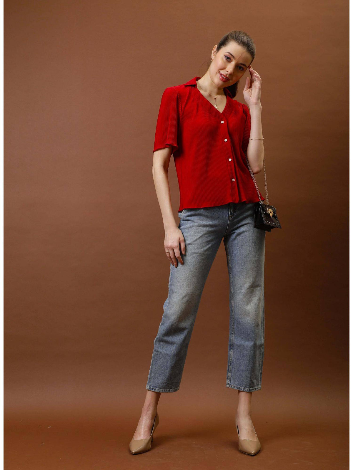 Women Red Pleated Shirt | S67 - view 5