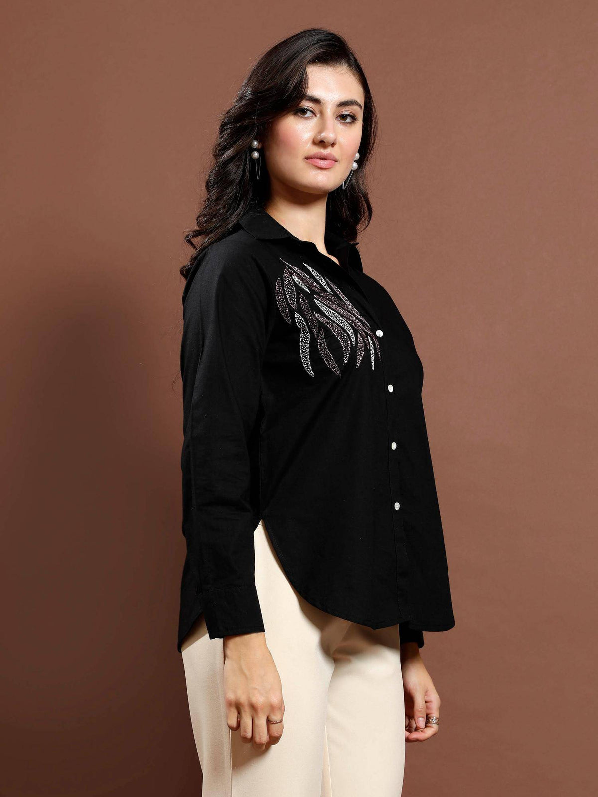 Women Black Cotton Embellished Shirt | S67 - view 1