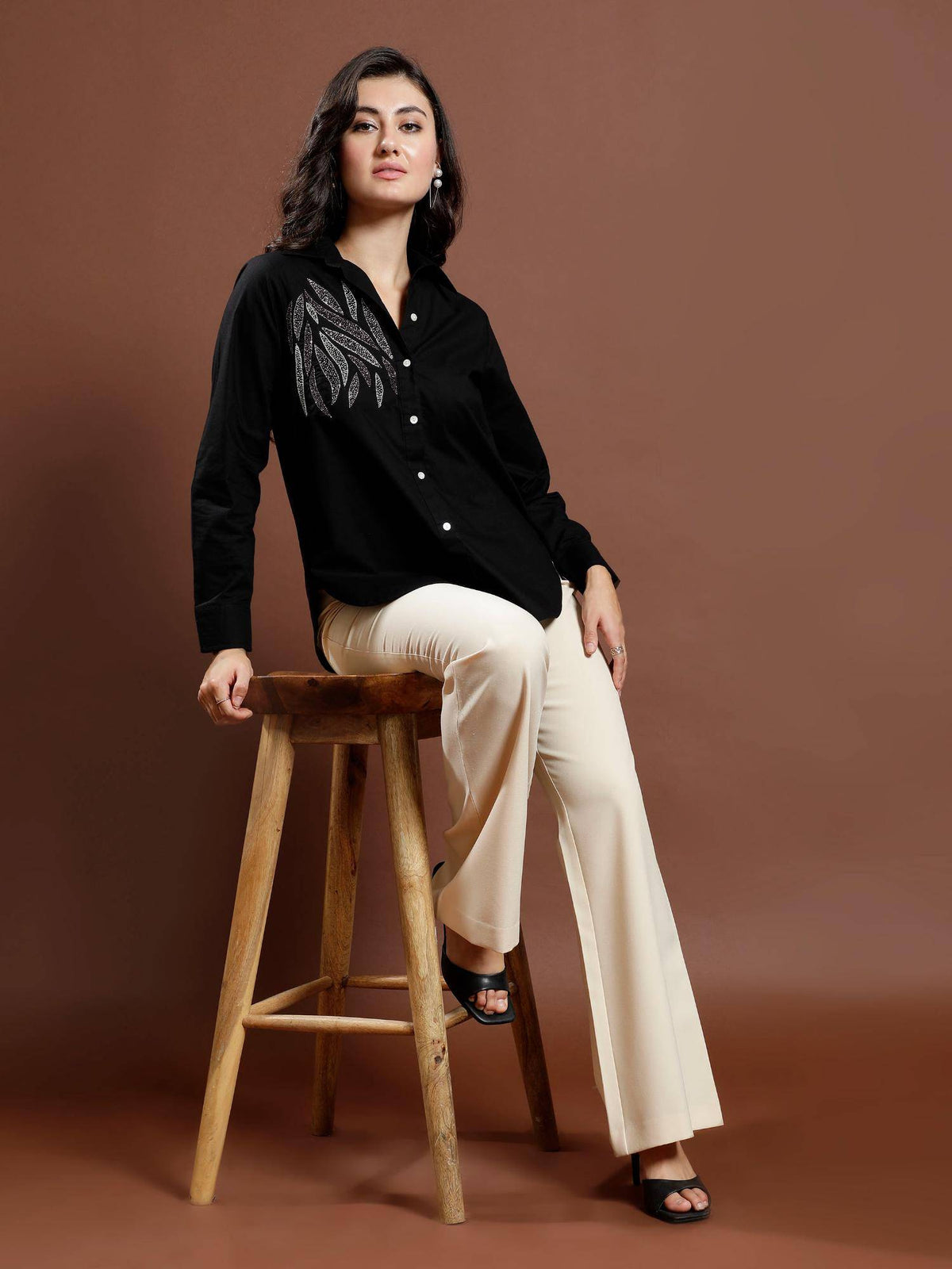 Women Black Cotton Embellished Shirt | S67 - view 4