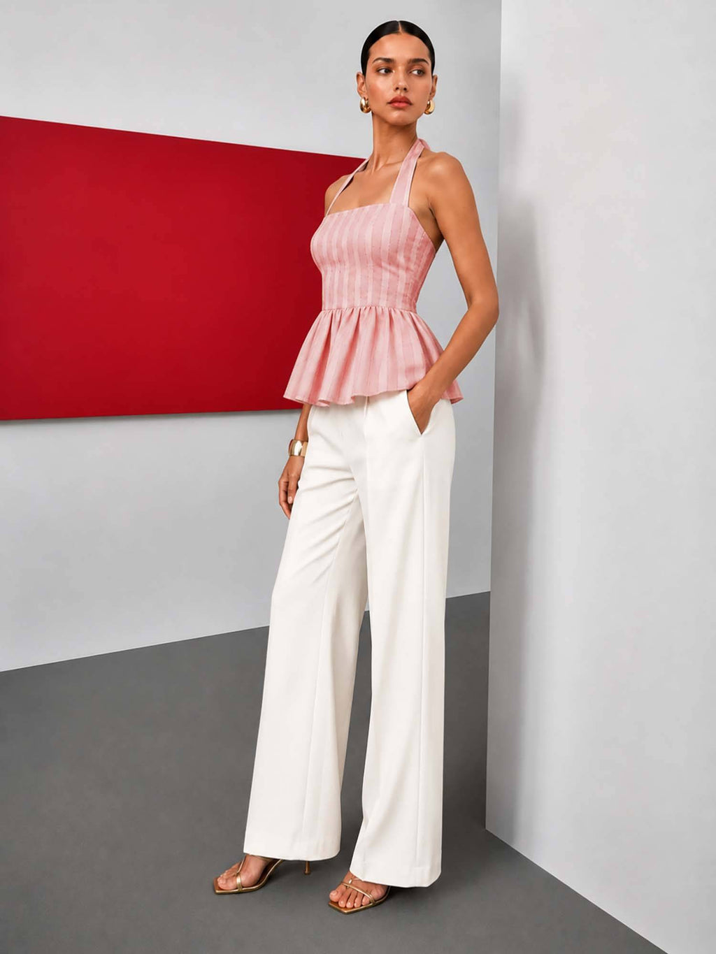 Dusty Pink Striped Peplum Top | HT67 - view 2