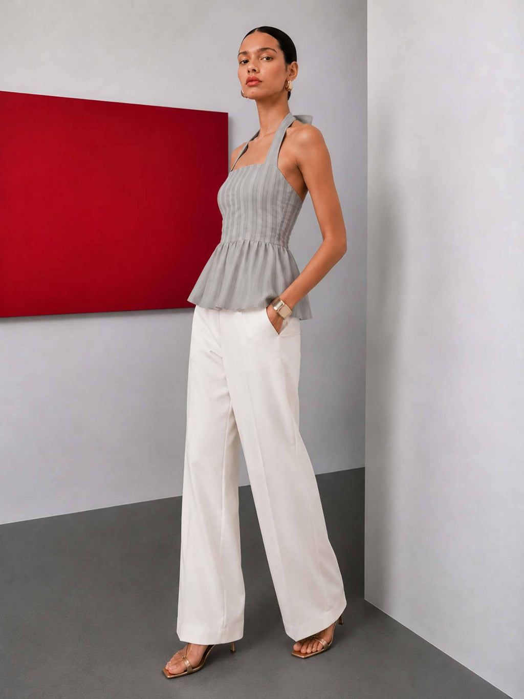 Grey Striped Peplum Top | HT67 - view 2