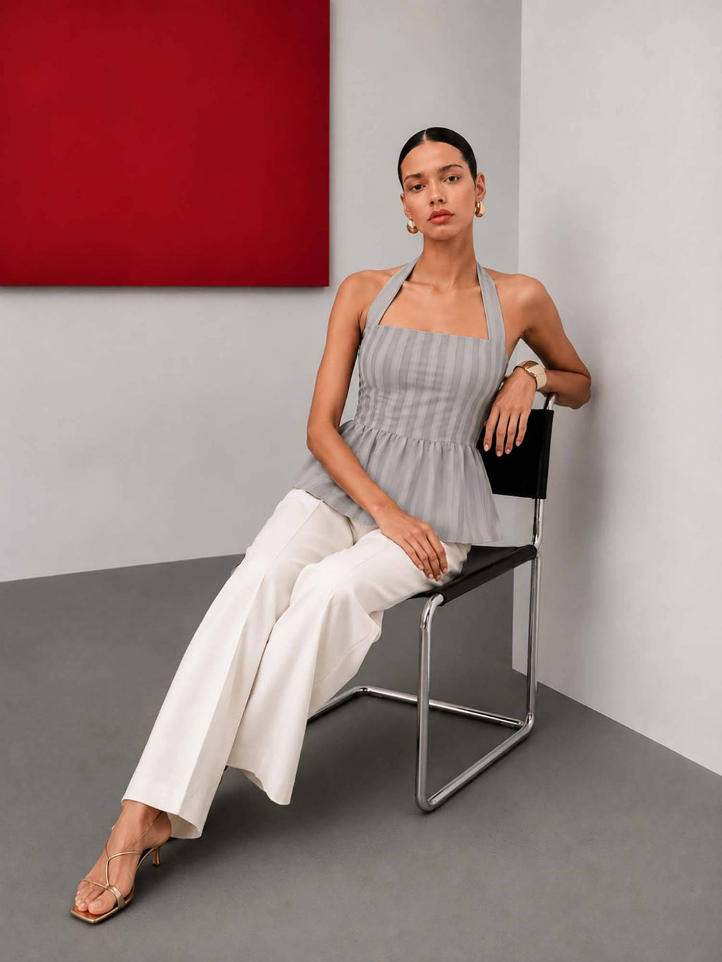 Grey Striped Peplum Top | HT67 - view 3