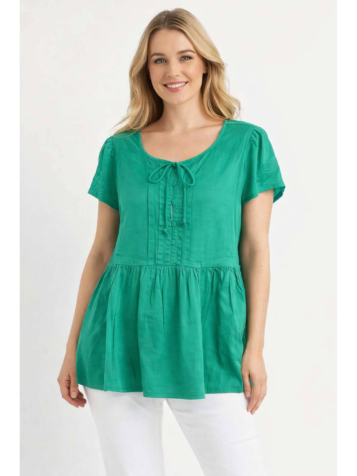 Womens Green Round Neck Short Sleeve Loose Fit Casual Peplum Style Top | pt51 - view 1