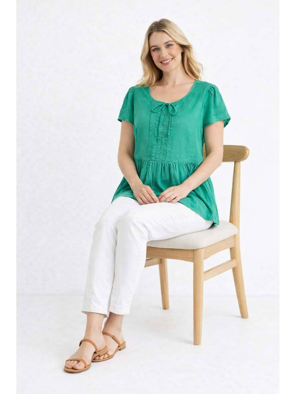 Womens Green Round Neck Short Sleeve Loose Fit Casual Peplum Style Top | pt51 - view 2