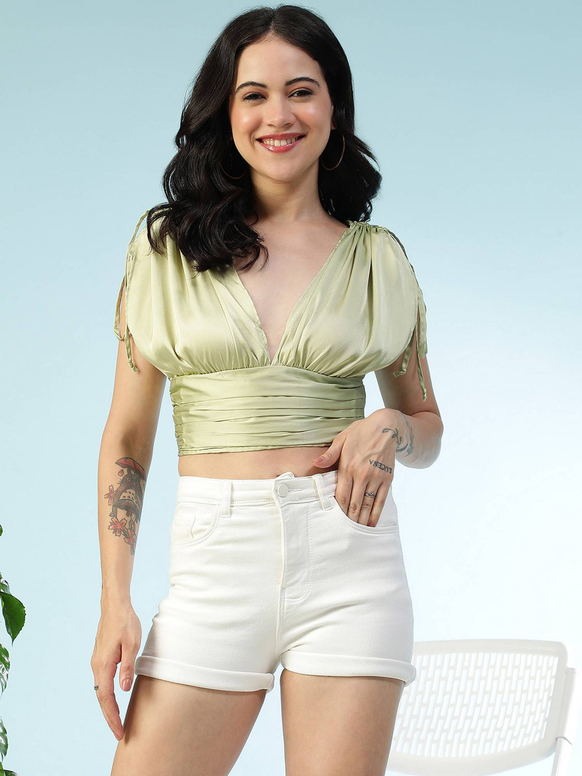 Women Solid Light Green V-Neck Satin Tie-Up Shoulder Sleeves Crop Top | CT61 - view 1