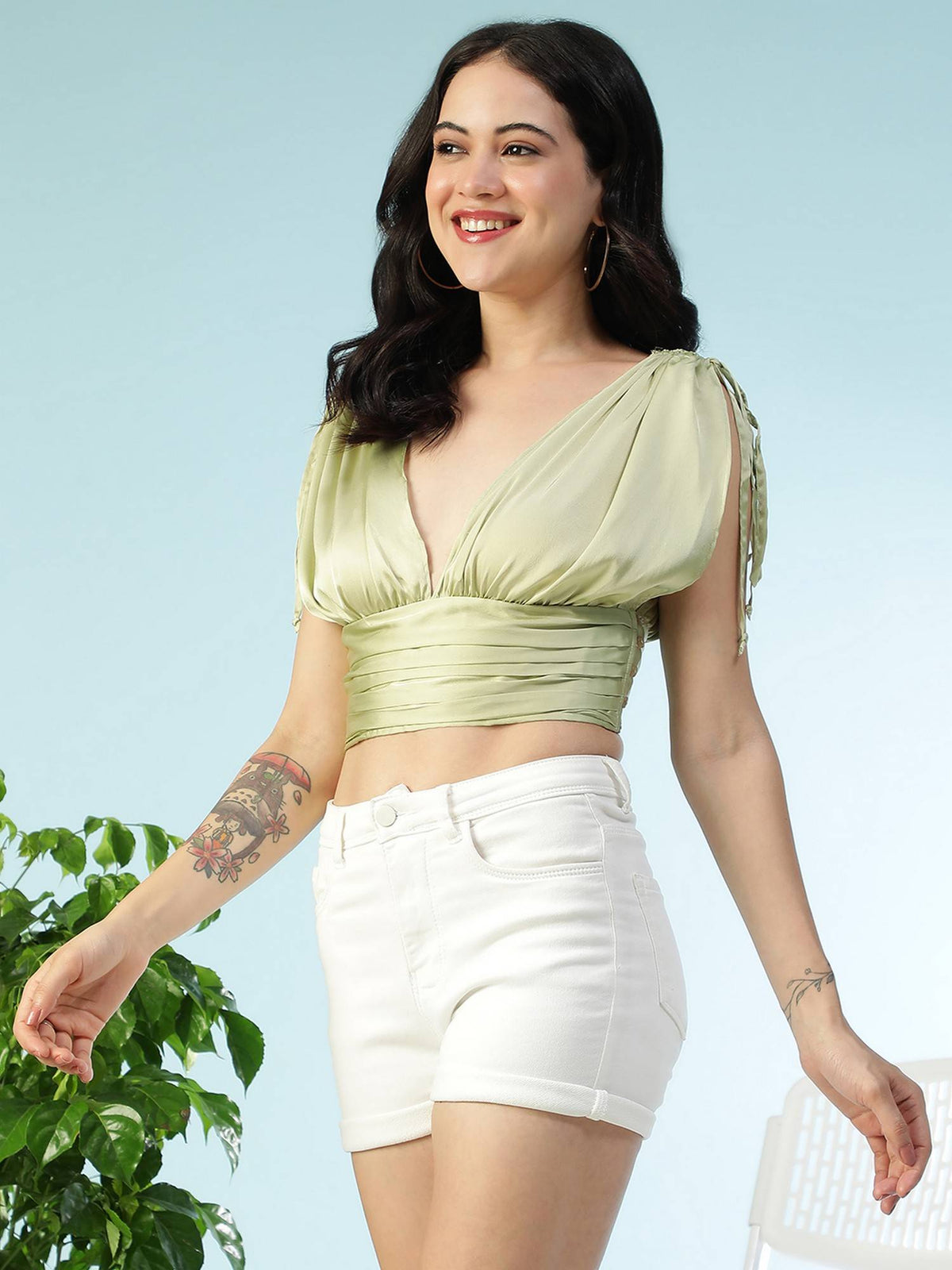 Women Solid Light Green V-Neck Satin Tie-Up Shoulder Sleeves Crop Top | CT61 - view 3