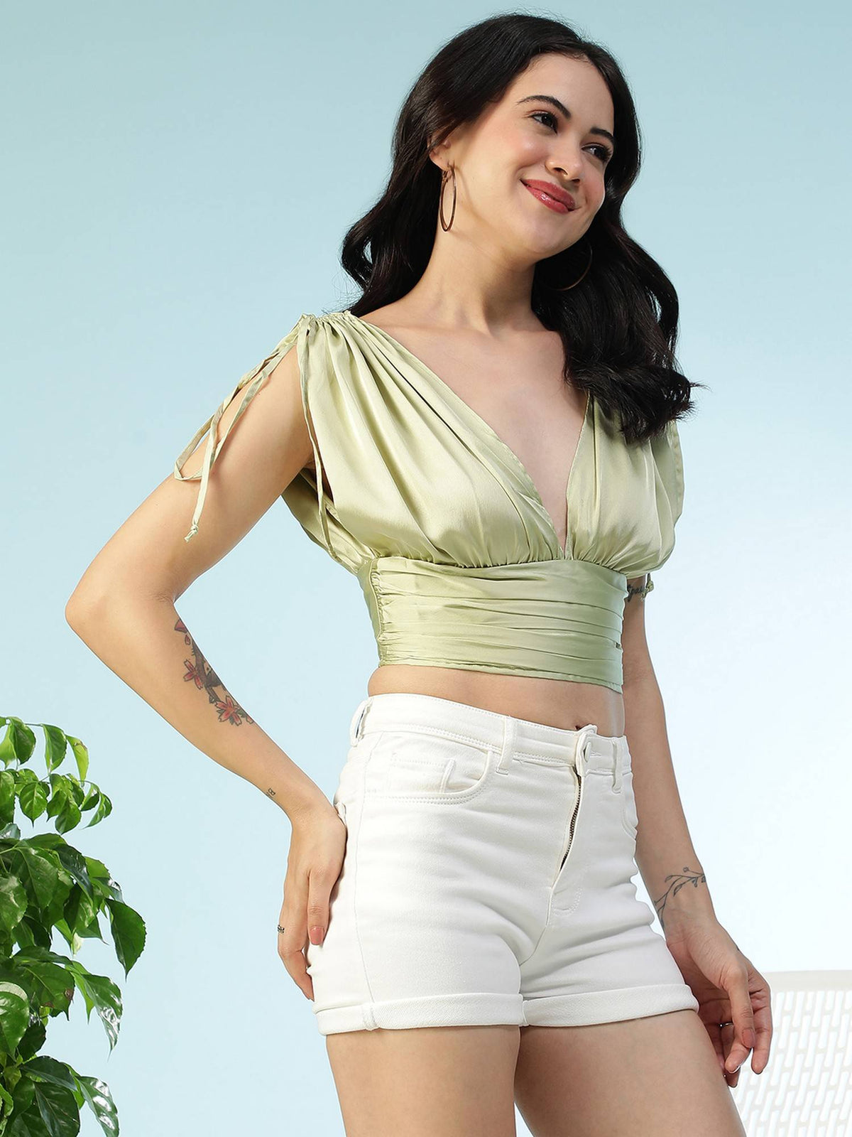 Women Solid Light Green V-Neck Satin Tie-Up Shoulder Sleeves Crop Top | CT61 - view 4