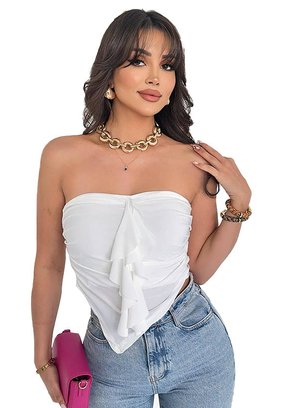 White Strapless Peplum Tie-Front Top | TT90 - view 2