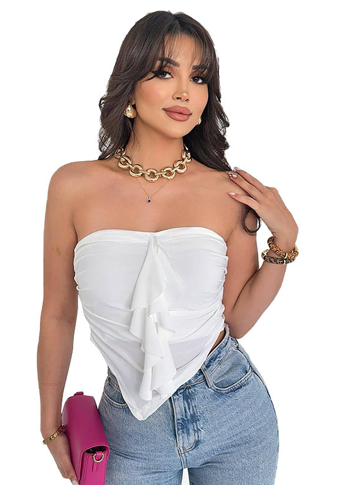White Strapless Peplum Tie-Front Top | TT90 - view 2