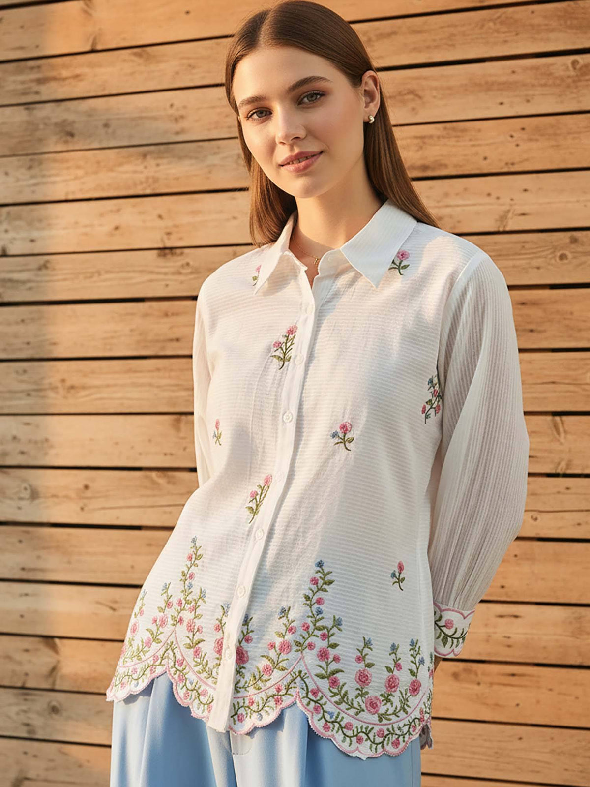 Cotton Off White Floral Embroidered Shirt | S67 - view 1