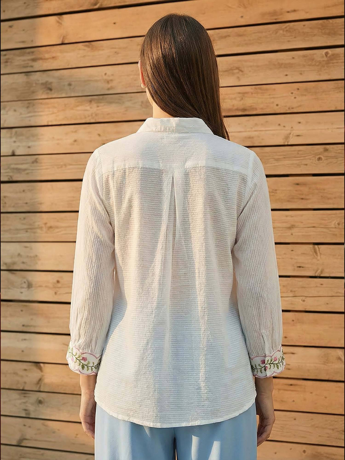 Cotton Off White Floral Embroidered Shirt | S67 - view 2