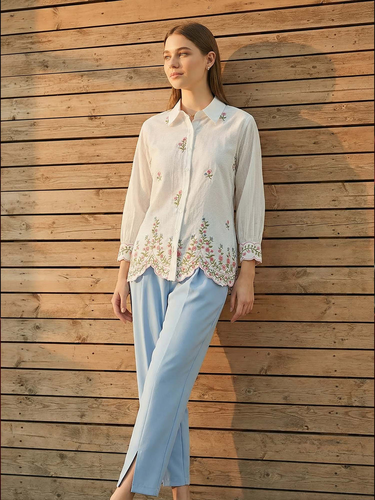 Cotton Off White Floral Embroidered Shirt | S67 - view 3