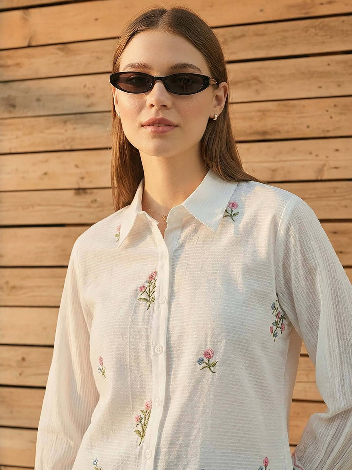 Cotton Off White Floral Embroidered Shirt | S67 - view 4