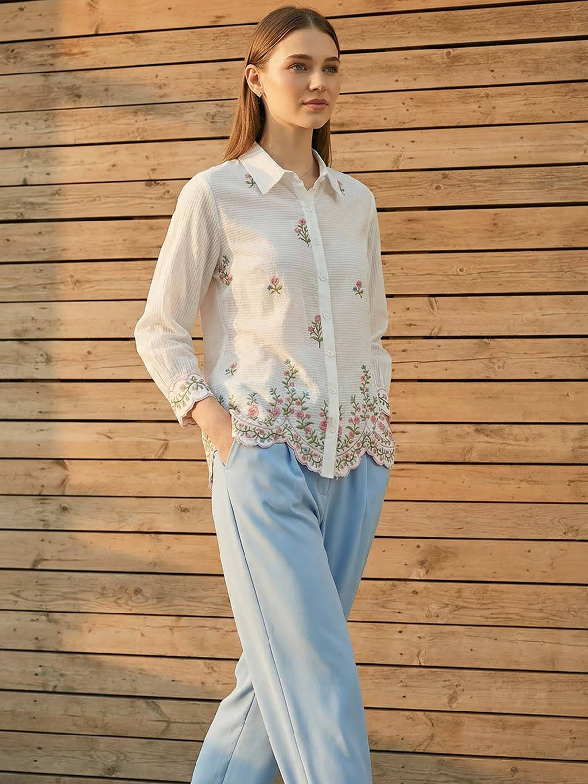 Cotton Off White Floral Embroidered Shirt | S67 - view 5
