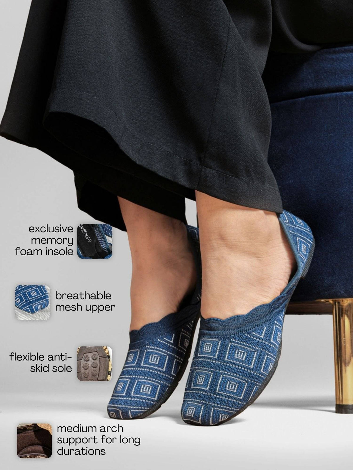 Boho Trendy Soft Mesh Dark Blue Ballerinas with Memory Insole and Flexible Outsole | F61 - view 5