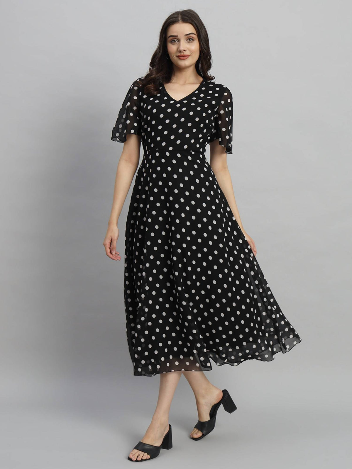 Women Black Polka Dot Print Maxi A line Midi Dress | D56 - view 1