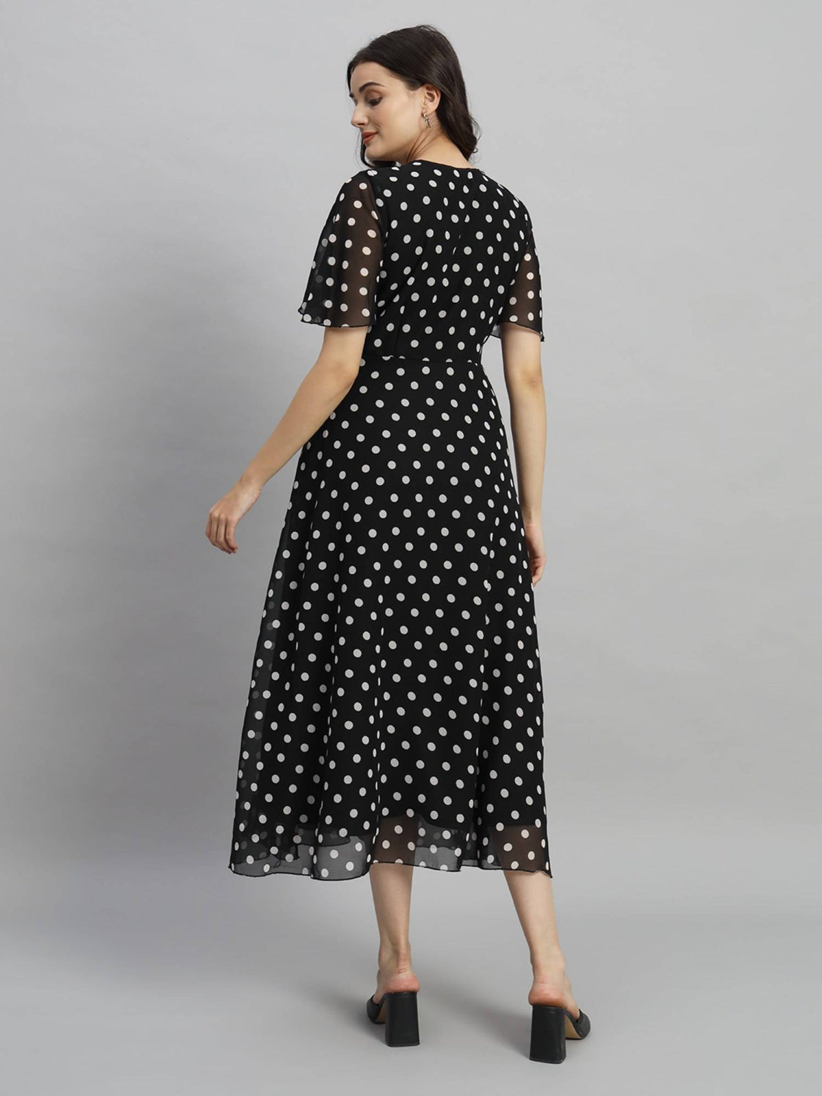 Women Black Polka Dot Print Maxi A line Midi Dress | D56 - view 2