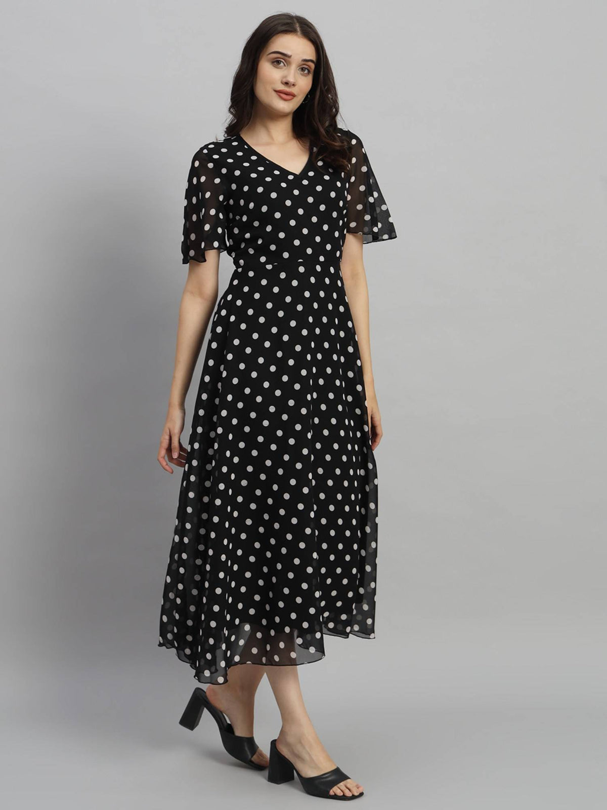 Women Black Polka Dot Print Maxi A line Midi Dress | D56 - view 3