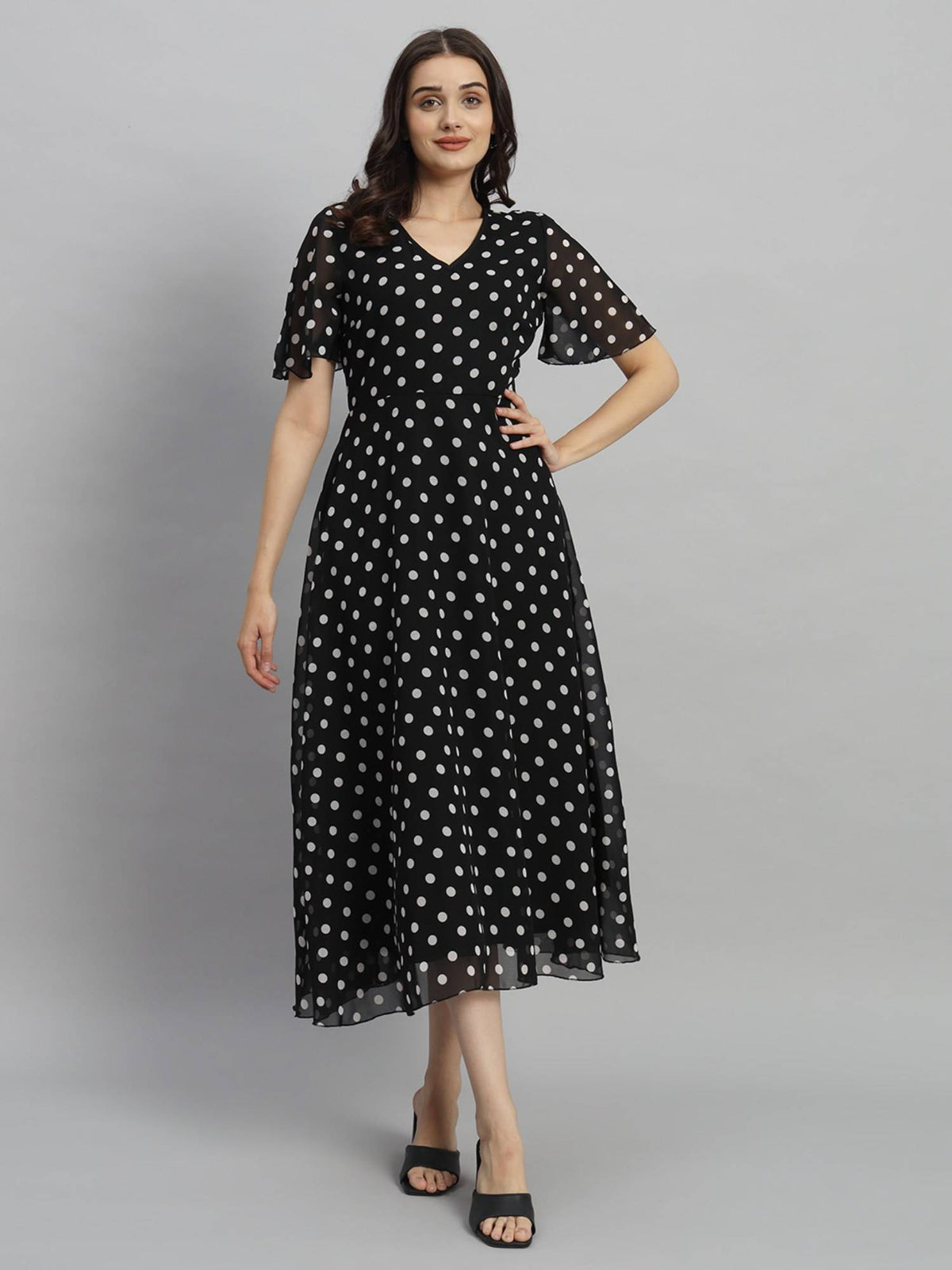 Women Black Polka Dot Print Maxi A line Midi Dress | D56 - view 4