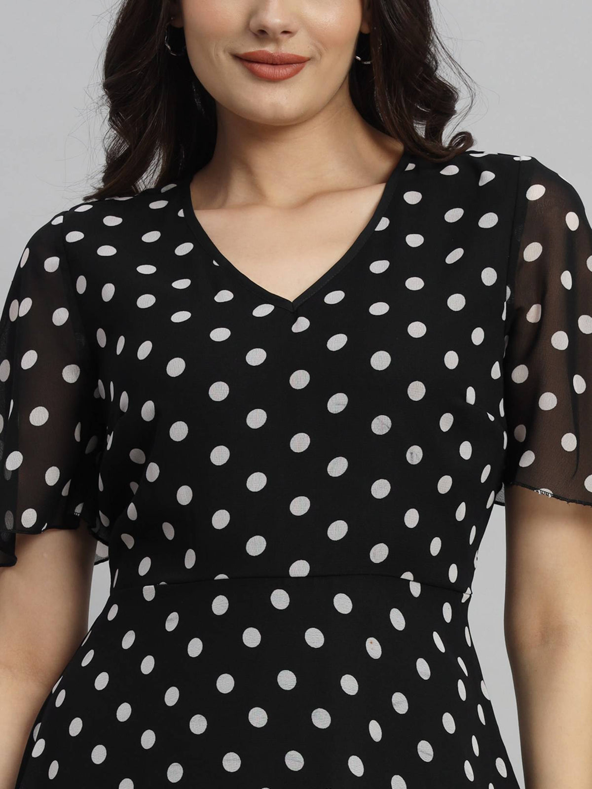 Women Black Polka Dot Print Maxi A line Midi Dress | D56 - view 5