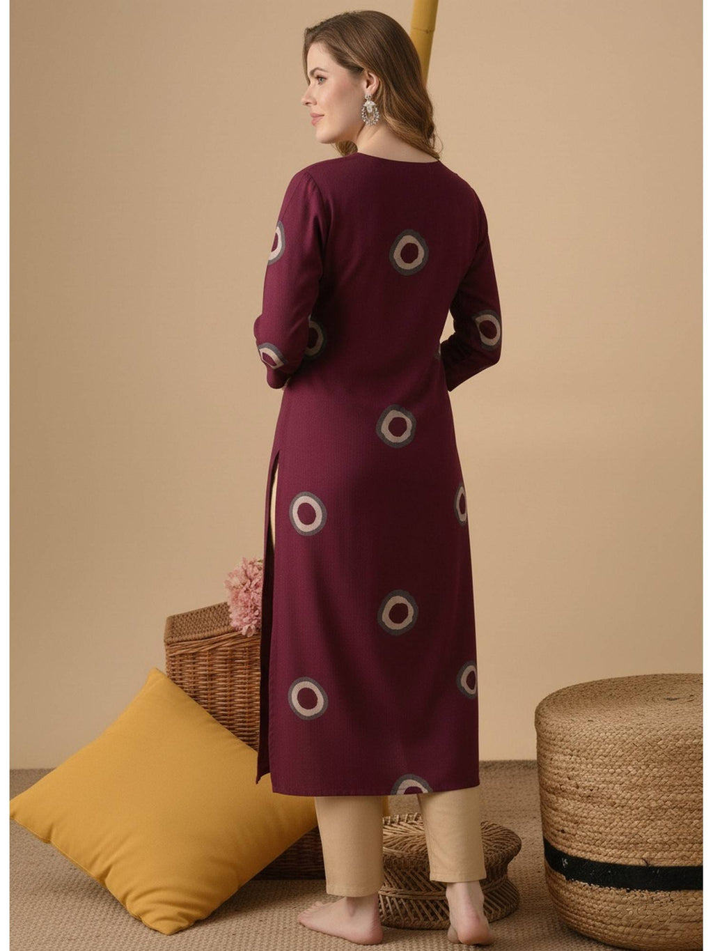 Maroon Cotton Printed Embroidered Kurta | FY93 - view 2