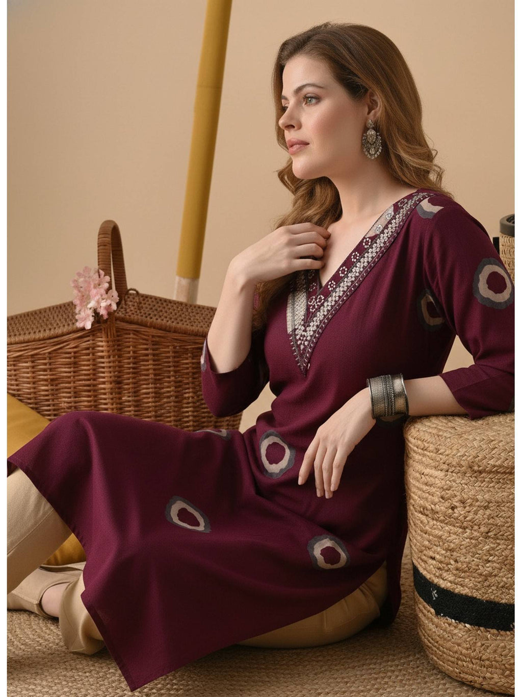 Maroon Cotton Printed Embroidered Kurta | FY93 - view 3