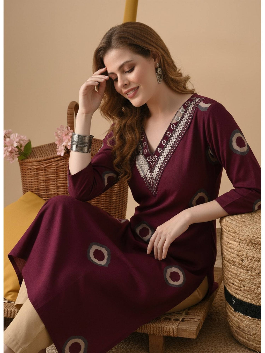 Maroon Cotton Printed Embroidered Kurta | U3S - view 4