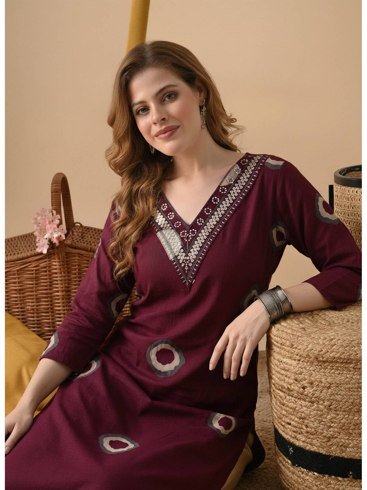 Maroon Cotton Printed Embroidered Kurta | FY93 - view 5