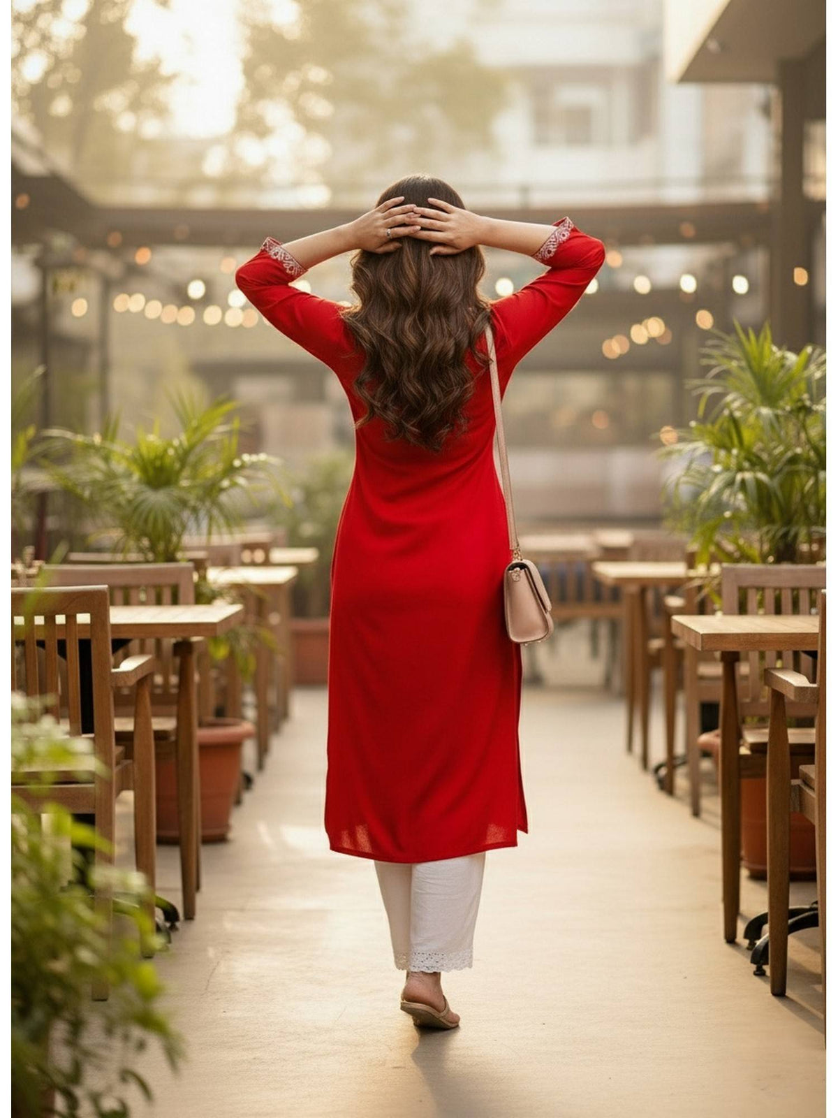 Red Cotton Solid Embroidered Kurta | FY93 - view 2