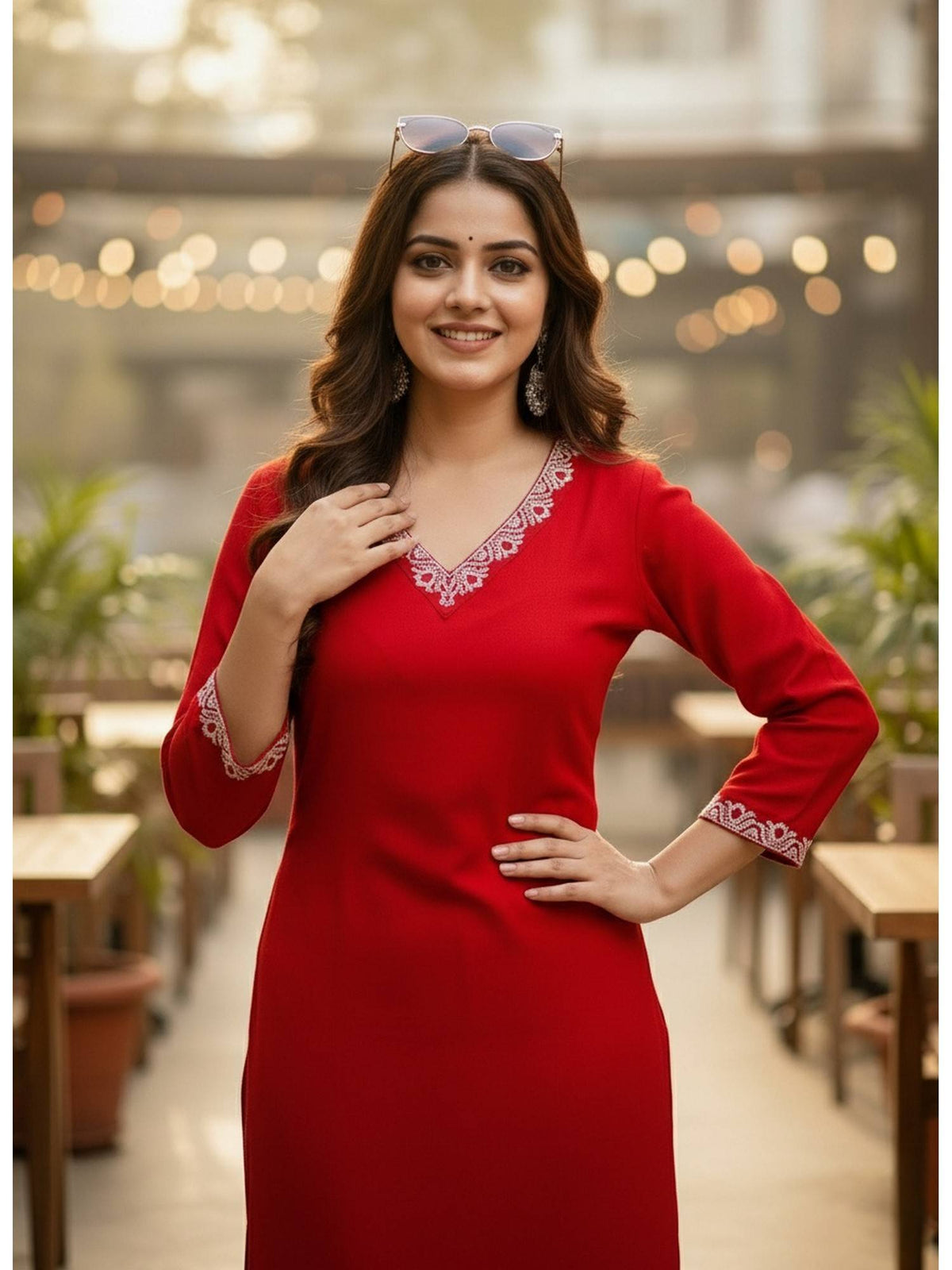Red Cotton Solid Embroidered Kurta | KDG - view 3