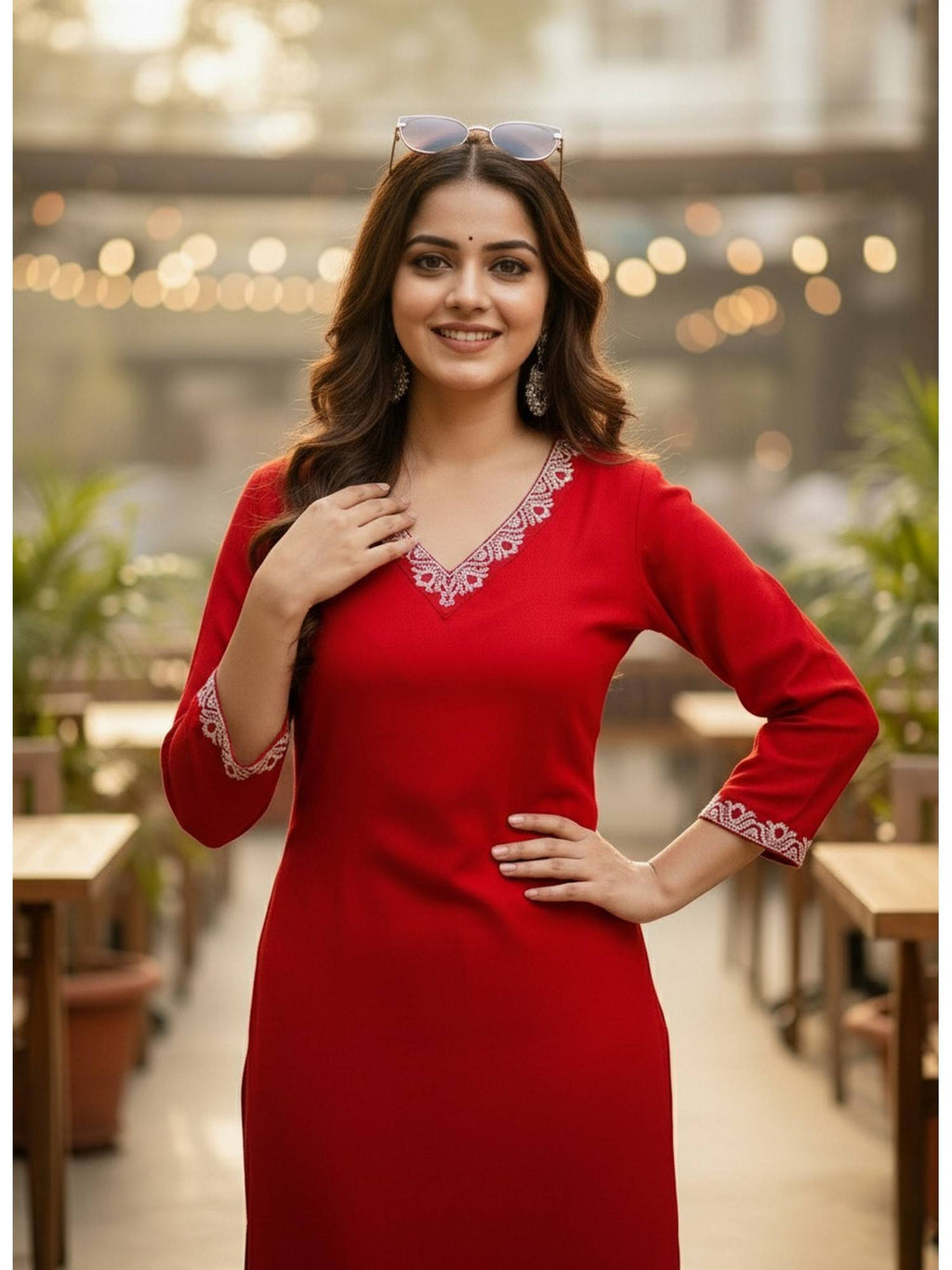 Red Cotton Solid Embroidered Kurta | FY93 - view 3